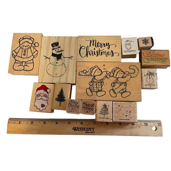 14 Wooden Mounted Rubber Stamps of Various Christmas Characters - Picture 1 of 6